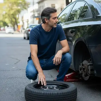 Empleado de Grúa Mar del Plata cambiando la rueda de una auto